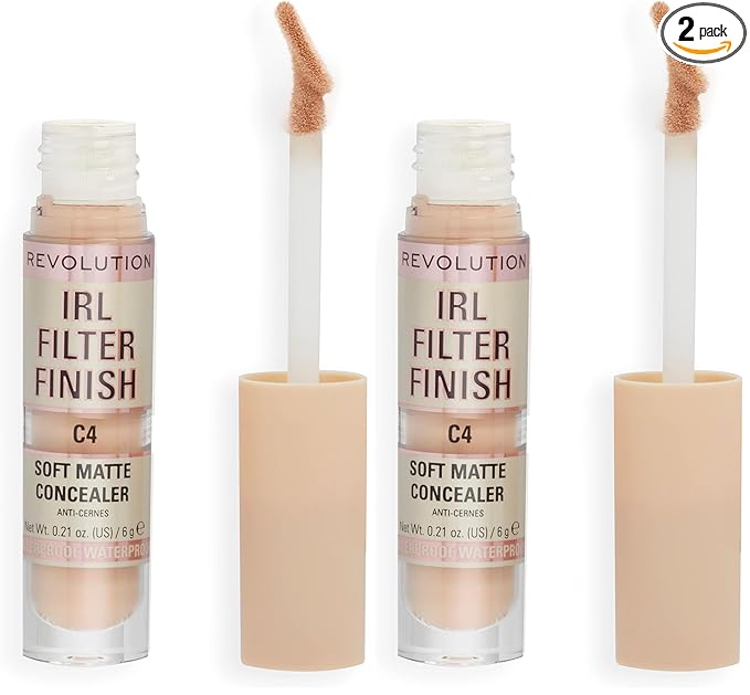 Revolution Beauty, IRL Filter Finish Concealer, Full Coverage, Oil Free, Long Lasting & Lightweight Formula, Infused with Hyaluronic Acid, Vegan & Cruelty Free, C4, 0.21 Oz (Pack of 2)