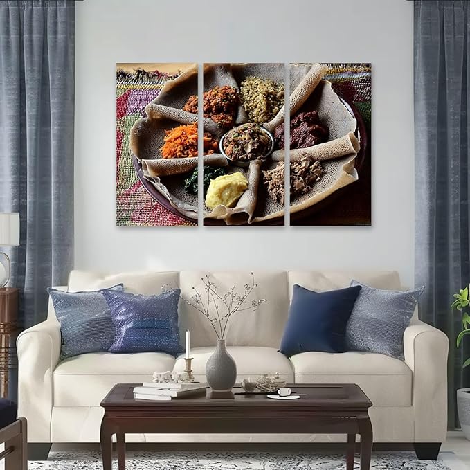 3 Piece Canvas Wall Art Prints Picture traditional ethiopian ethiopian foods pictures Framed Wall Painting Modern Artwork Poster Home Decor for Living Room Office Ready to Hang