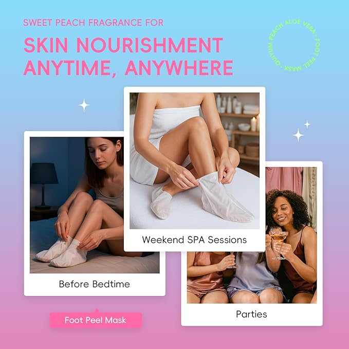 QUIYUM Peach & Aloe Vera Exfoliating Foot Mask, Foot Peeling Mask with Lactic Acid & Urea, Niacinamide & Hyaluronic Acid, for Dry Cracked Feet, Smooth, Glow, Soften, 6 Pairs, Stocking Stuffers