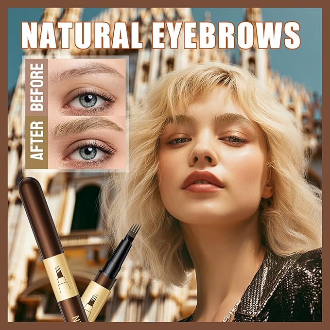 Eyebrow Pencil for Women,4-Tip Microblading Eyebrow Pen with 1 Brow Brushes, Waterproof&Sweatproof for Women to Effortlessly Create Natural Hair-Like Strokes, All-Day Wear,Gifts for girls,Brown