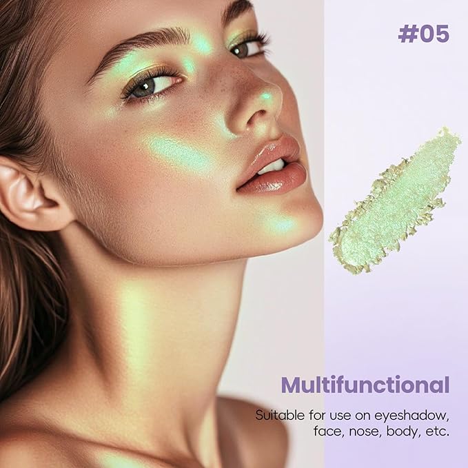HOSAILY Holographic Light Green Glitter Eyeshadow, Multichrome Shimmer Color Shifting Single Eyeshadow, Chameleon Metallic Iridescent Eye Shadow Palette Bouncy Texture Fairy Highlighter Makeup #5