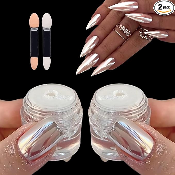 2PCS Magic White Chrome Nail Powder, Super Glossy Mirror Effect Metallic Nail Powder Nail Glitter Manicure Pigments for Nail Art Design