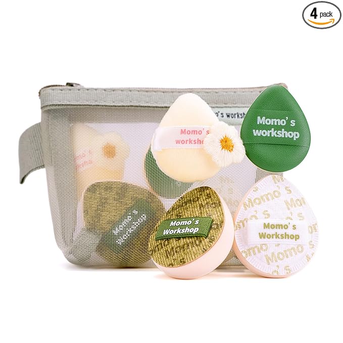Momo's Workshop Mini Denim Makeup Sponge Set,Mini Makeup Blenders Sponge for Concealer/Blush/Highlighter, Perfect for Detail Work & Travel,4pcs Green Mini Concealer Puffs with Travel Pouch