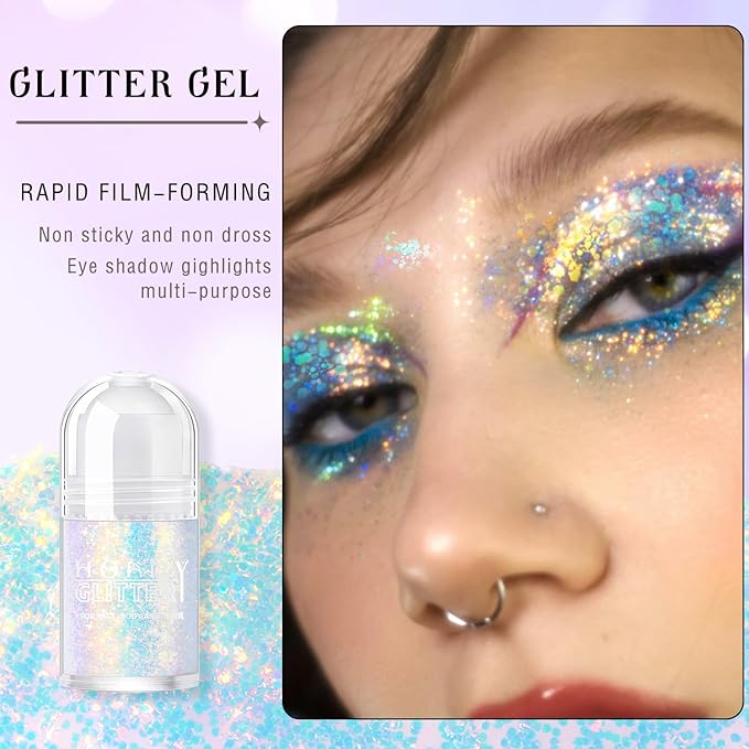 HOSAILY Roll-on Holographic Body Glitter Gel for Face Hair, Chameleon Color Changing Glitter Gel Under Light, Chunky Mermaid Sequins Festival Party Rave Accessories Shimmer Makeup (Sparkling Blue)