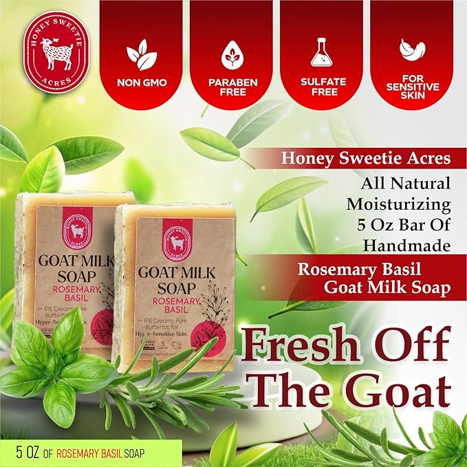 Honey Sweetie Acres 2-Pack Rosemary Basil Goat Milk Soap - Handmade 5 oz Bar, Made with Natural Ingredients, Moisturizing & Gentle, Made in the USA