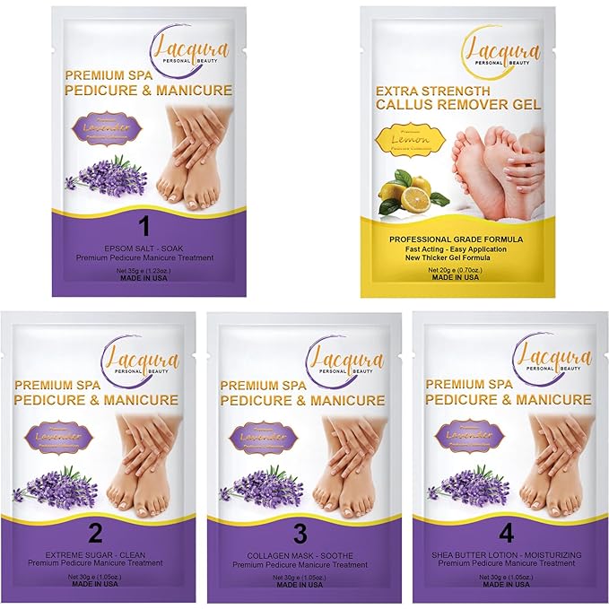 Deluxe Pedicure Kit 5 Step Spa Set – Epsom Salt Soak, Callus Remover Gel, Sugar Scrub, Collagen Mask & Shea Butter Lotion – Professional At Home Foot Care (Lavender, 09 Sets)