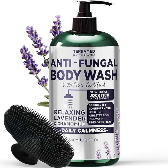 Antifungal Body Wash with Lavender Essential Oil |1% Tolnaftate Chamomile Soap for Ringworm, Jock Itch & Athlete’s Foot | Medicated Body Wash with Calming Effect | Includes Scrubber 16 Fl oz