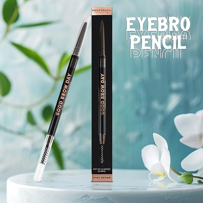 Profusion Cosmetics Dual-Ended Ultra-Fine Eyebrow Pencil -Good Brow Day Long-Wearing Brow Definer with Spoolie Brush for Blonde, Brown & Black Hair, Instant Brow Fixing Beauty Tool, Dark Brown