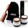 ZilberHaar - Beard Care Kit for Men - 1 Regular Beard Brush + 1 Beard Balm + 1 Moisturizing Cream - Stiff Boar Bristles and Beech Wood - Short to Medium Length Beards - Supplied in a Velvet Bag