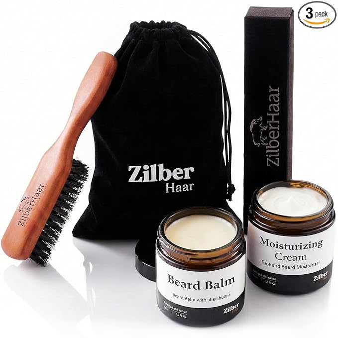 ZilberHaar - Beard Care Kit for Men - 1 Regular Beard Brush + 1 Beard Balm + 1 Moisturizing Cream - Stiff Boar Bristles and Beech Wood - Short to Medium Length Beards - Supplied in a Velvet Bag