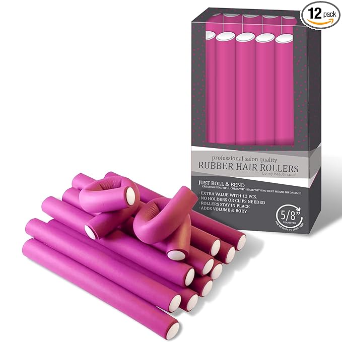 My Beauty Spot Flexi Rods Foam Hair Rollers 5/8" Diameter Professional Salon Quality 12 Pcs Rubber Hair Rollers for Long, Medium and Short Hair (Pink)