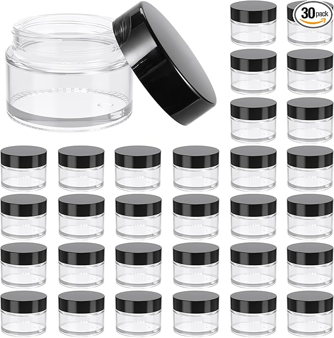 1oz Glass Jar with Lid, Hoa Kinh 30Pack Clear Round Containers Cosmetic Jars with Inner Liners and Black Lids Travel Jars for Storing Lip and Body Scrub, Lotion, Body Butter, Bath Salts, Liquid
