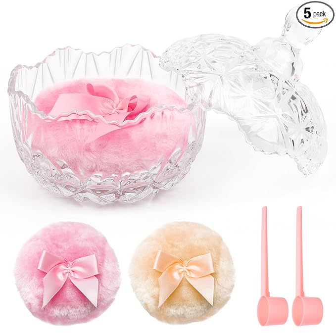 5 Pcs Large Body Powder Puff and Container Set, Anglecai 4 Inch Crystal Powder Puff Container for Body Powder Puff Dish with 2P Powder Puffs and 2P Spoon
