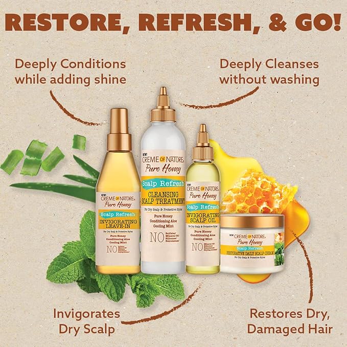 Creme of Nature Pure Honey Scalp Refresh Cleansing Scalp Treatment, No-Rinse Formula with Aloe, Mint & Honey, Dissolves Buildup & Refreshes Scalp, 8 oz