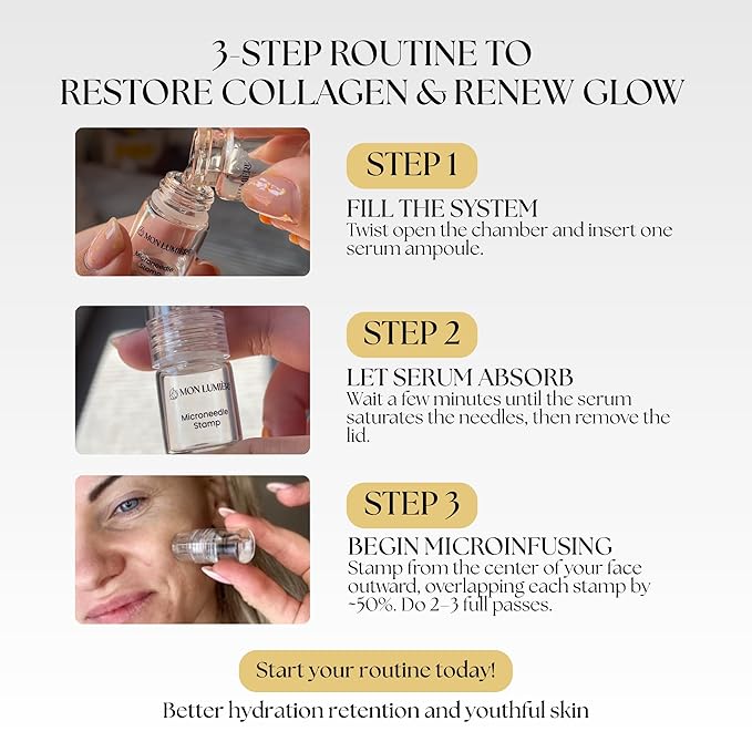 Mon Lumiere Micro Infusion System for Face – Gold Spring-Loaded Facial Stamp with PDRN & Peptides – At-Home Skincare Kit for Glow, Smoother-Looking Skin & Visible Radiance – 3 Single-Dose Serums