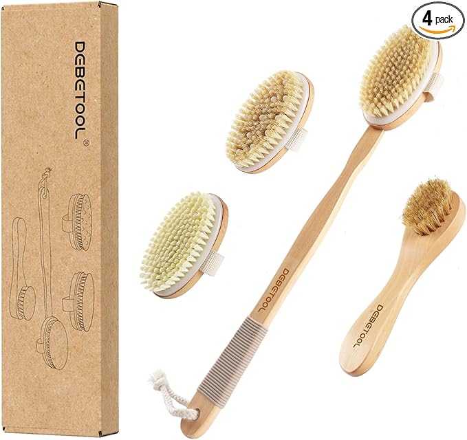 DEBETOOL Dry Brushing Set - Natural Boar Bristle Body & Face Brush, Wooden Long Handle Scrub Brush for Cellulite & Lymphatic Drainage Body Care, Detachable, 3 Brush Heads