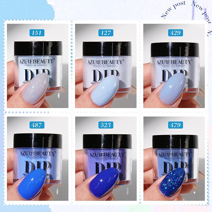 AZUREBEAUTY Dip Powder, Sky Blue Glitter 6 Colors Dipping Powder Starter Kit French Nail Art Manicure DIY Salon for Women, No Need Nail Lamp Cured