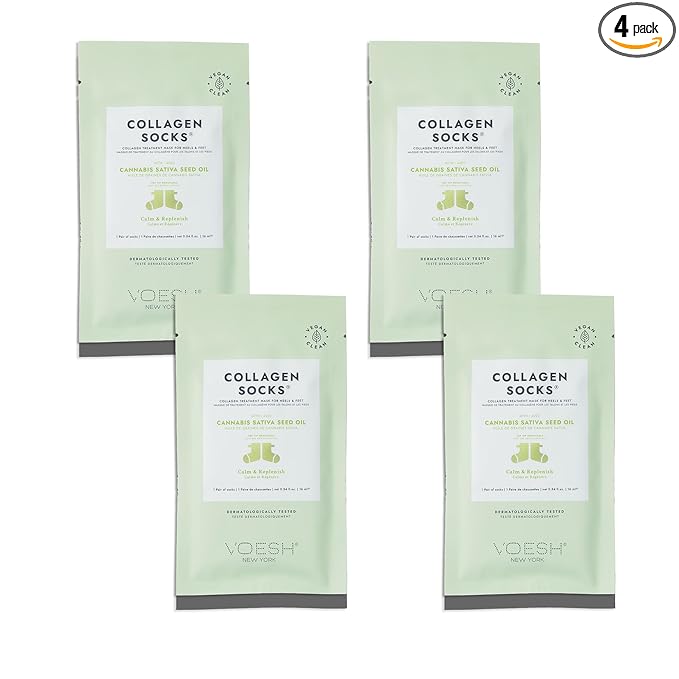 VOESH Collagen Socks, Collagen Socks for Dry Feet, 4 Pack, Herb Seed Oil, Cracked Heel Repair, Moisturizing Socks, Spa Pedicure Treatment, Spa Socks, Foot Peel Masks, Vegan