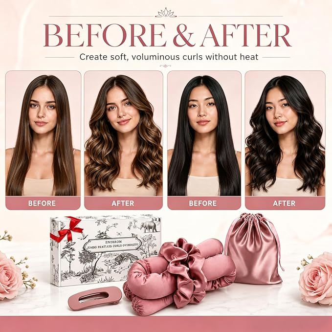EnteromMuse Jumbo Heatless Curls Overnight Heatless Hair Curler – Oversized Heatless Curling Rod, No Heat Damage Hair Curler for Voluminous Curls, Heatless Rollers & Curls Set with Satin Fabric