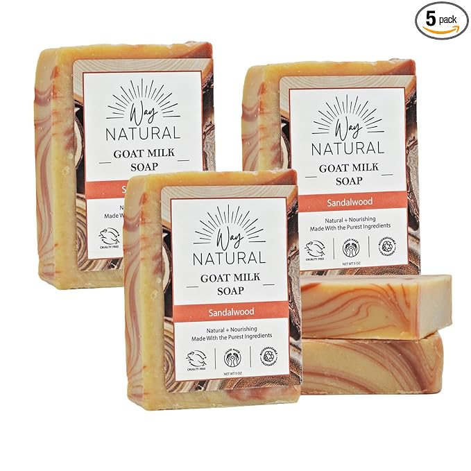 Goat Milk Soap Bar (Bulk, 5 Pack) - Sandalwood Soap for Men & Women - Natural, Handmade w/Real Milk - Dry Skin, Hands/Body - Gentle, No Dyes - (Large, 5oz)