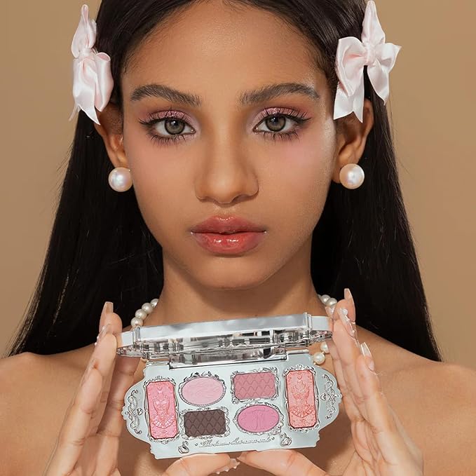 Flower Knows Swan Ballet Six-Color Makeup Palette,Soft Pink Face Makeup Palette with 4 Matte + 2 Shimmer Shades,Blendable Smooth Cute Make Up,0.23 Oz(03 Pink Swan)