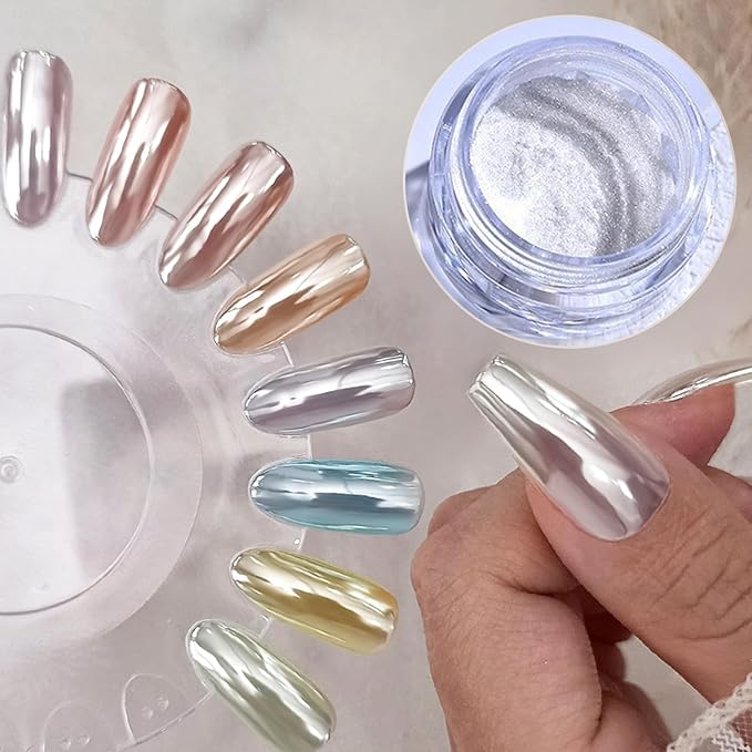 Magic White Chrome Nail Powder Super Glossy Mirror Effect for Gel Nails Polish Design, Moonlight Pearl Chrome Powder for Nails Metallic Silver Glitter Pigment Powder 0.5g with Tool