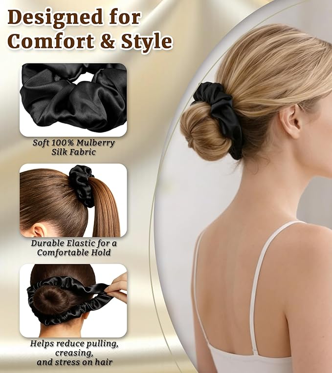 30 Momme 100% Mulberry Silk Scrunchies for Women and Girls, Oversized XL Hair Tie for Sleeping, Soft Smooth for No Damage Hair Care Sleeping (Black)