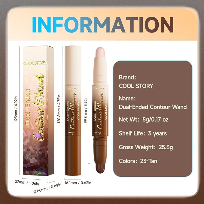 Dual-Ended Contour & Highlight Stick Cream Waterproof Contour Stick, Buildable Formula for Natural Definition and Sculpting, Flawless Cheeks, Jawlines, and Nose Contours(TAN)