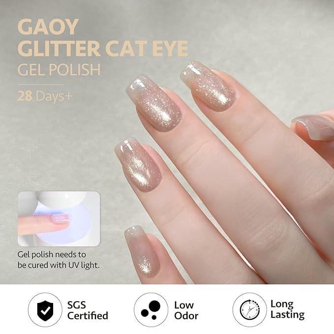 GAOY Glitter Cat Eye Gel Nail Polish Set with Magnet, Sliver, Brown, Pink, Coral Holographic Cat Eye, Salon Gel Manicure and Nail Art DIY at Home, Sunshine