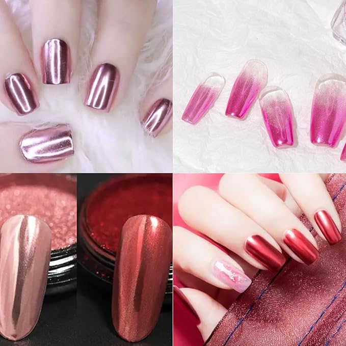 3 Jars Pink Chrome Nail Powder Kit - Metallic Mirror Effect Nail Art Powder for Gel Polish, Pink Rose Red Set