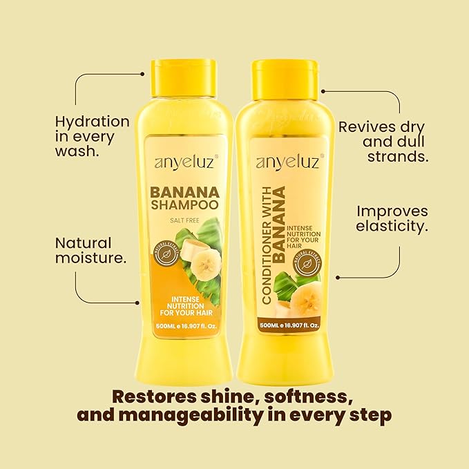 ANYELUZ Banana Hair Care Duo Set - Moisturizing Shampoo & Nourishing Conditioner, Natural Fruit-Infused Hydration & Repair for Dry, Damaged Hair