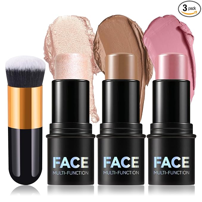 3Pcs Cream Contour Stick Makeup Kit with Makeup Brush,Shades with Highlighter,Brush Stick,Cream Bronzer for Sculpt the Cheeks,Long-lasting Waterproof Lightweight Contour Set