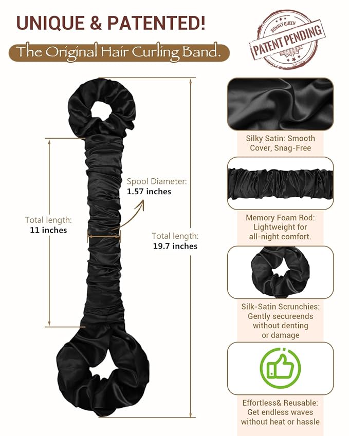 BONNET QUEEN Satin Heatless Hair Curler, Overnight Curls for Long Hair, Ultra Soft Daily Use of Hair Accessories & 2 Scrunchies, Damage-Free Styling, Soft Hair Curlers for Overnight, Black