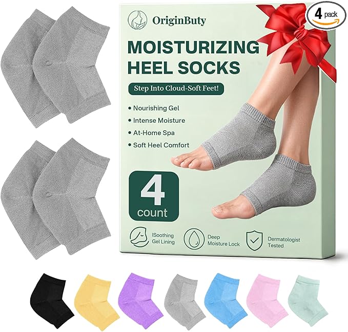 4 Socks Moisturizing Socks for Women, Silicone Socks & Gel Socks, Heel Socks for Dry Cracked Feet, Heel Protectors for Cracked Heel Treatment, Foot Care Socks, Toeless Socks for Women and Men, Gray