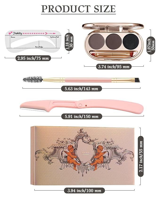 Waterproof Eyebrow Powder Kit - 3 Colors Long-Lasting Brow Powder Palette with Brush Razor & Stencil, Natural Tinting Powder for Women Sparse Brows | #03 Medium Brown, Dark Brown, Black