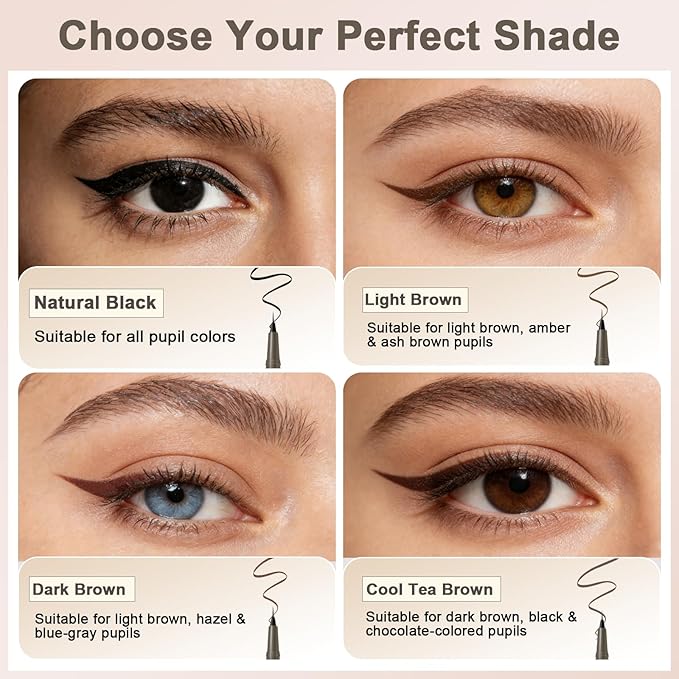 Ultra Fine Liquid Eyeliner Pen, Slim Precision Tip for Winged & Inner Corner Lines, Waterproof Smudge-Proof Quick-Drying, Long-Lasting All-Day Smooth Lightweight Light Brown Eyeliner（2pcs）