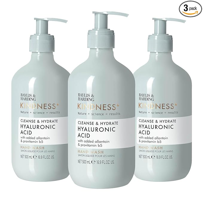Baylis & Harding Kindness + Hyaluronic Acid, Pear & Orange Blossom Fragrance, 16.9 fl. oz Cleanse & Hydrate Hand Soap (Pack of 3) - Biodegradable Formula - Vegan Friendly