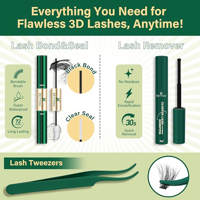 KEYYOU 3D Effect lash Clusters Kit 80D100D 280pcs Eyelash Clusters Kit D Curl Individual Lashes Kit Wispy Lash Extensions Kit with Waterproof Lash Bond and Seal Tweezers (Lash Kit-8-16MIX)