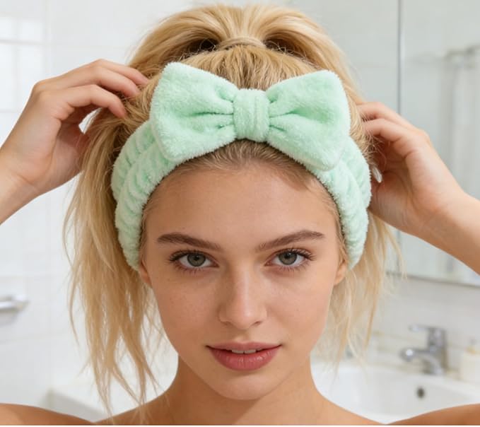 Casoty 10 Pcs Green Face Wash Headbands, Spa Gifts for Women Girls, Soft Coral Fleece Skincare Headband, Bow Hair Bands, Spa Headbands for Face Washing Shower Skin Care Yoga
