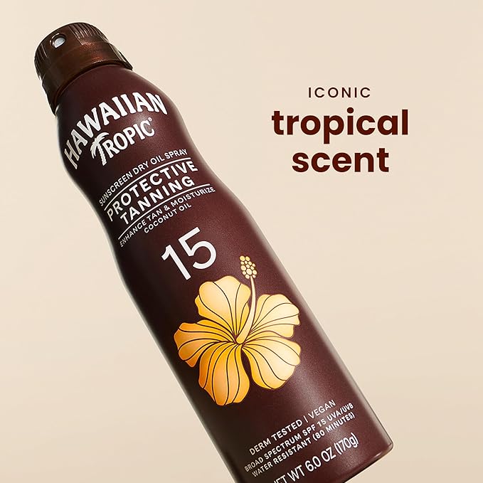 Hawaiian Tropic Dry Oil Tanning Spray Sunscreen SPF 15, 6 oz | Protective Sun Tanning Oil with SPF 15 Sunscreen, Oxybenzone Free, 6 oz