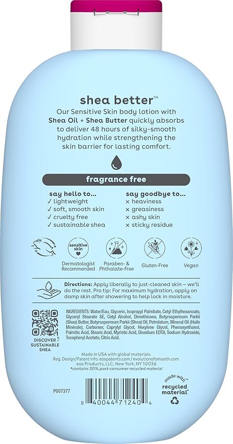 eos Shea Better Sensitive Skin Body Lotion - Fragrance-Free, 48-Hour Moisture Eczema Cream & Dry Skin Relief, Vegan, 16 fl oz (Packaging may vary)