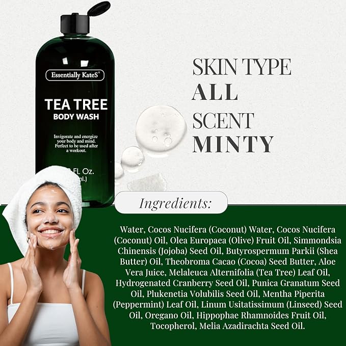 Essentially KateS Tea Tree Body Wash 16.9 fl oz - 100% Natural - Fights Body Odor & Irritation - Helps Athletes Foot, Ringworms, Jock Itch, Acne, & Eczema
