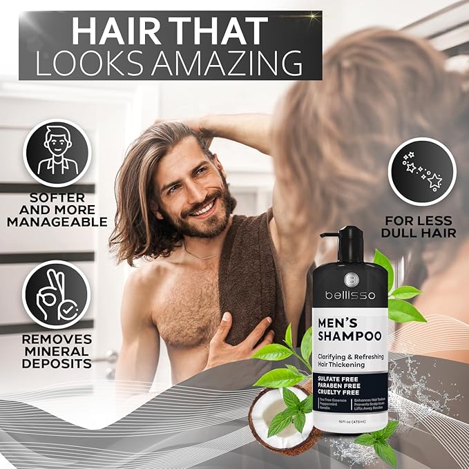 Shampoo for Men - Tea Tree Oil and Peppermint - Sulfate Free, Paraben Free - Clarifying, Refreshing, Volumizing & Moisturizing Hair Thickening Formula - Ideal for Oily Hair, Dry Scalps and Build Up