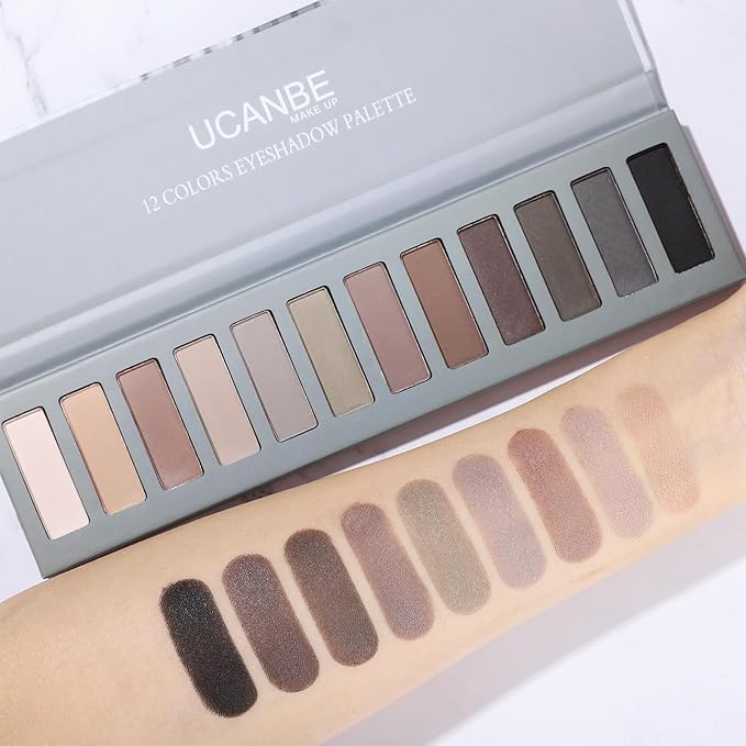UCANBE 12 Color Eyeshadow Makeup Palette, Neutral Matte Shimmer Nude Eye Shadow Make Up Pallet with Double-ended Brush Set Kit, Highly Pigmented Long Lasting Waterproof