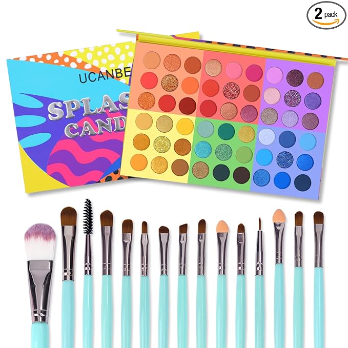 UCANBE 54 Colors Splashy Candies Eyeshadow Palette + 15pcs Makeup Brush Set, Highly Pigment Matte Metallic Shimmer Glitter Eye Shadow Bright Color Long Lasting Waterproof Easy Blending Make Up Pallet