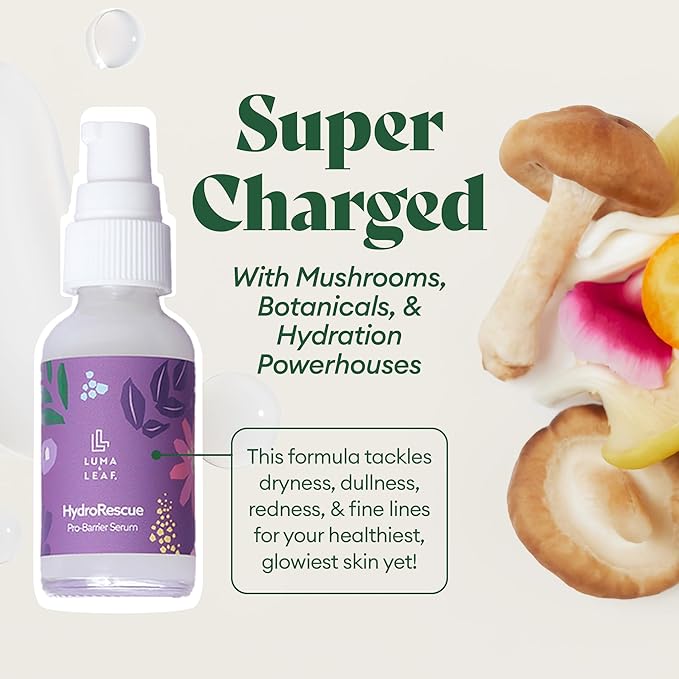Luma & Leaf HydroRescue Beta Glucan Serum for Face - Mushroom Skin Barrier Repair Serum with Hyaluronic Acid, Passionfruit Oil - Hydrating Face Serum for Dry Sensitive Skin, Clean Beauty Skincare 1oz