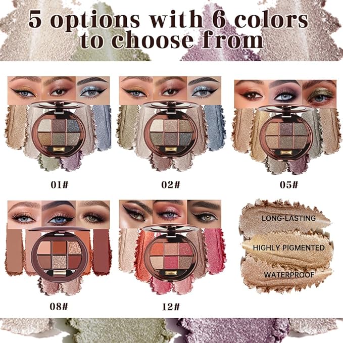 6-Color Shimmer Eyeshadow Palette, High Pigmented Metallic Sparkle Glitter Eye Shadow, Smooth Blendable Long Lasting Glow Finish for Smoky Eye, Glam Makeup, Party, Evening, Night Look, Mature Eyes
