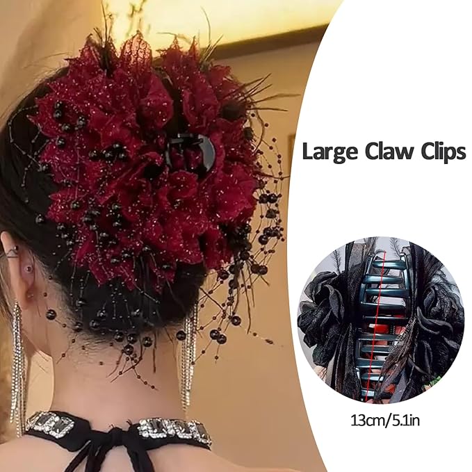 1pc Large Floral Bow Hair Claw Clips with Beads Tassels Red Flower Hair Claw Clip Hair Jaw Clip Hair Accessories for Women Girls Wedding Party Daily Wearing
