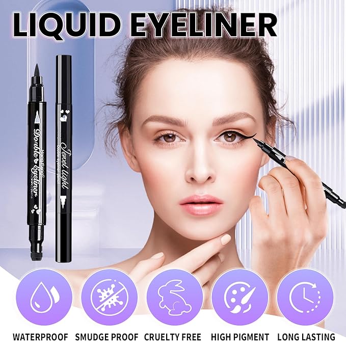 Go Ho Heart and Star Eyeliner Stamp Black Liquid Liner,2 PCS Waterproof Stamp Eyeliner Set,Double-Side Cat Eye Liner,Long-lasting Smudge-proof Eye Liner Makeup Tools