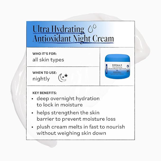 Derma E Ultra Hydrating Night Cream, Advanced Repair Overnight Face Moisturizer with Hyaluronic Acid to Replenish, Smooth and Nourish Skin, 2 oz